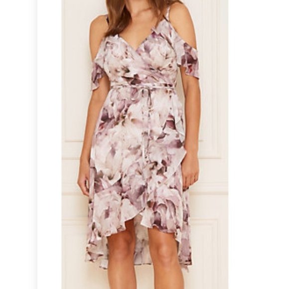 Le Chateau PLUS SIZE Flowy Chiffon Lavender Purple White Ruffle Dress Floral NWT - Picture 2 of 13